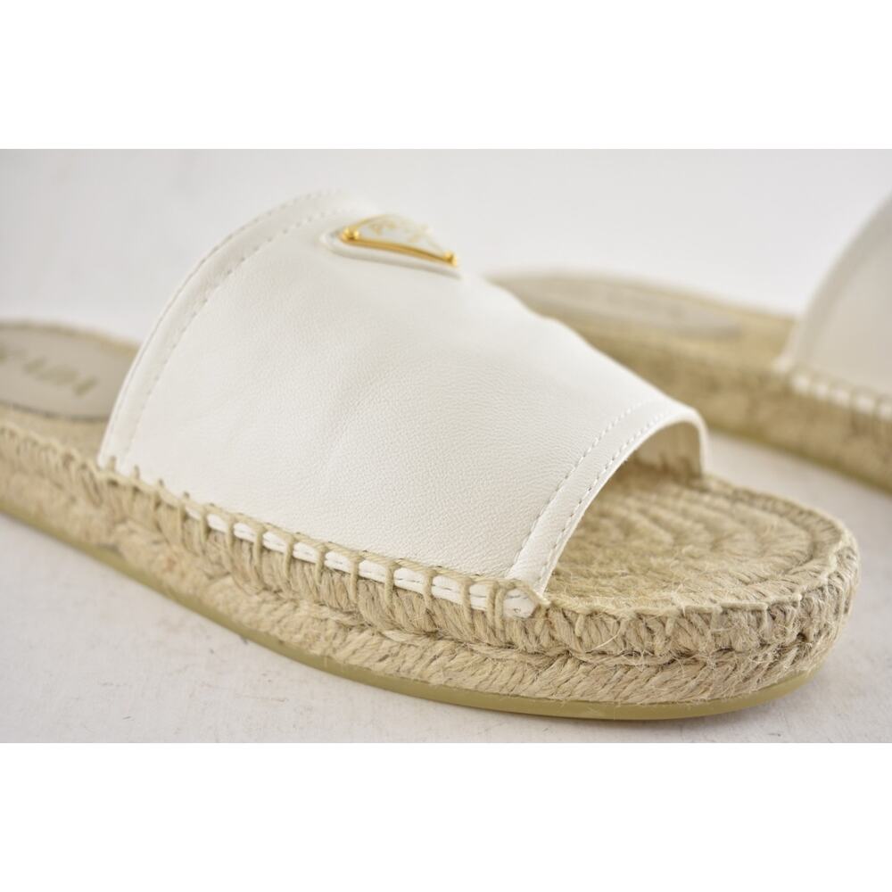 Prada Gold Triangle Logo Avorio White Leather Espadrille Slide Sandal Flat 37 - Picture 8 of 16